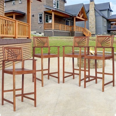 Patiojoy Set of 4 Bar Stools 29 in Acacia Wood Pub Chairs Outdoor w/ Armrests