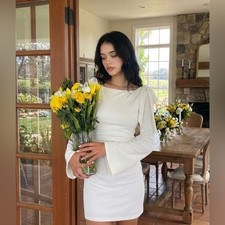 Cider BOAT NECKLINE SOLID RUCHED BOWKNOT MINI DRESS S CR2-23