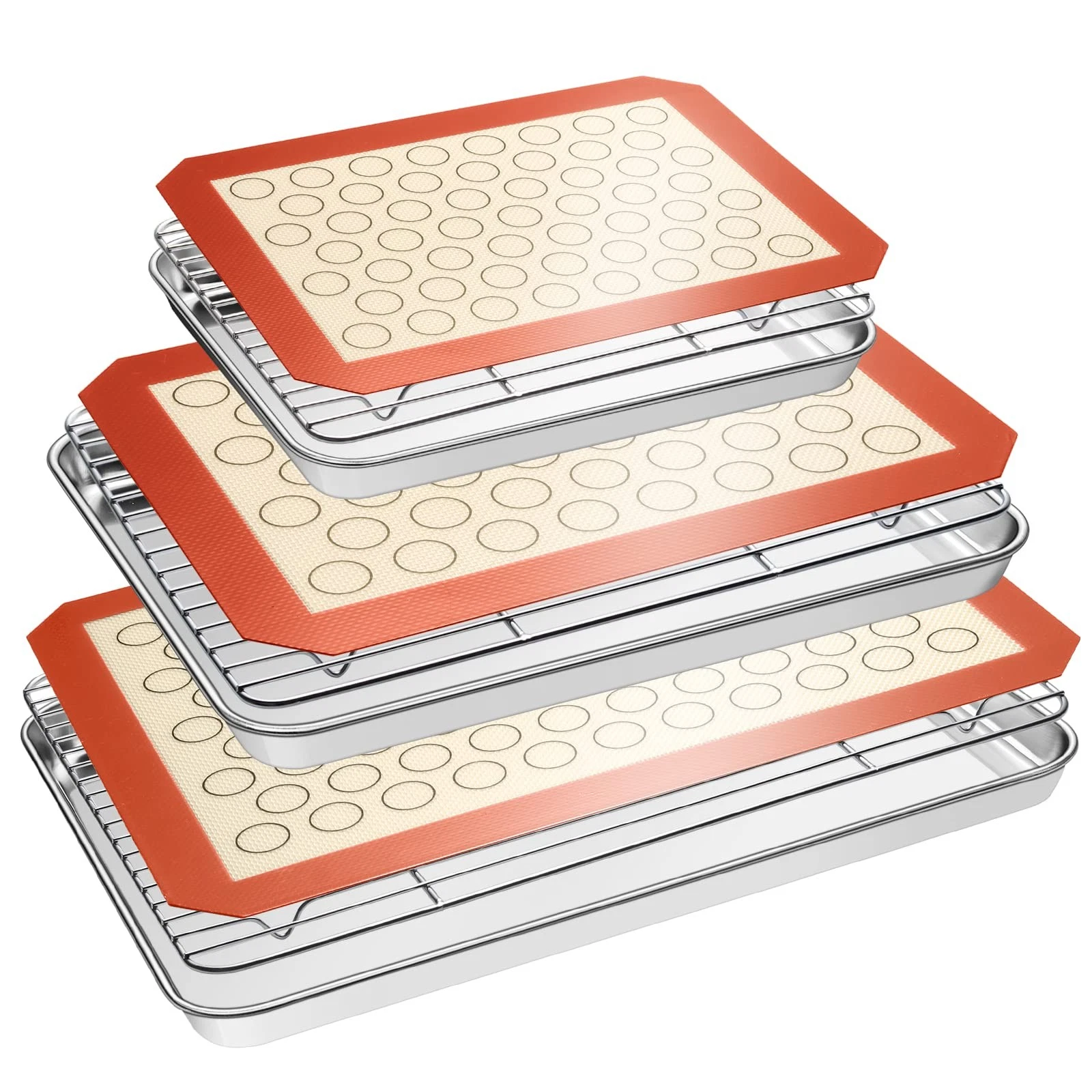 3 Pack Stainless Steel Baking Pan with 3 Cooling Rack and 3 Silicone Mat Set