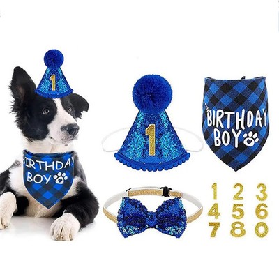 Pet Bow Tie Decorative Pet Birthday Set Polyester Adjustable Cat Birthday Hat Bo