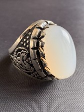 Vintage Sterling Silver Ring White Aqeeq Agate Ring Handcrafted Size 11.5 US