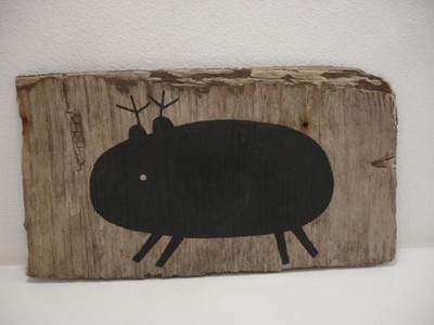 Godeleine de Rosamel Original Painting on Found Wood w/ Black Creature 19'' X 10''