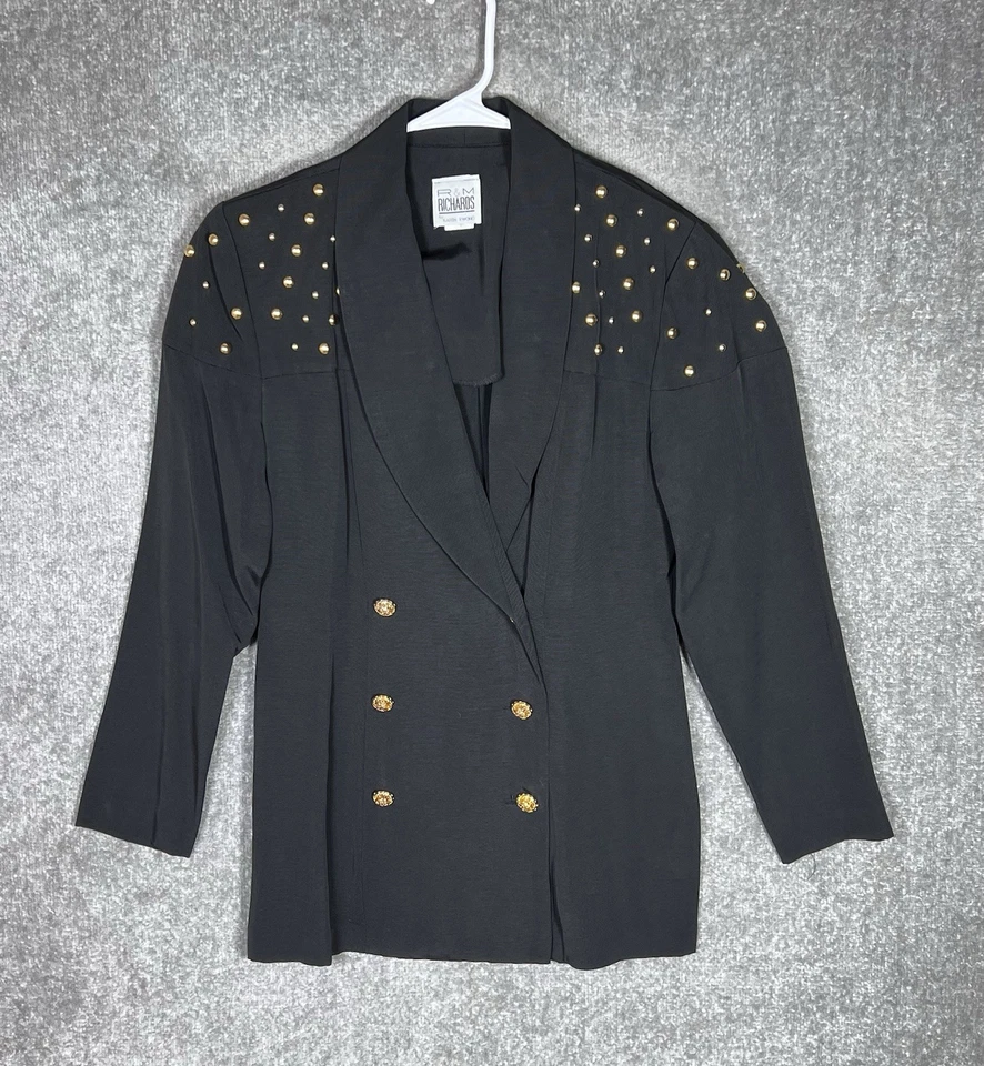 Винтажный женский блейзер и брюки R&M Richards Karen Kwong размер 8 с заклепками из черного золота - Изображение 4 из 4