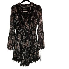 Nicholas Floral Print Georgette Lace-Insert Mini Dress Black Floral V-Neck 4