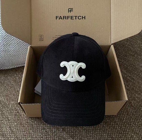 Celine. Triomphe Navy Cotton Baseball Cap with White Logo Embroidery, Adjustable