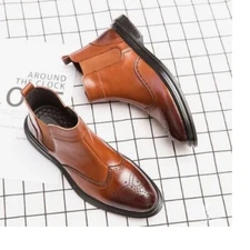 Light Brown Wing Tip Style Brogue Formal Pull On Chelsea Dress Boots For Mens