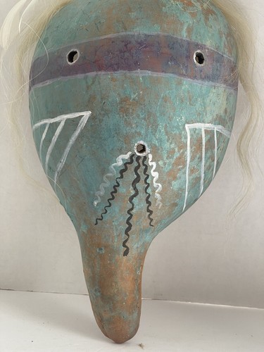 Vintage Tribal Gourd Mask Handcrafted Hand Painted Hair Feather Turquoise 12” - Picture 12 of 12