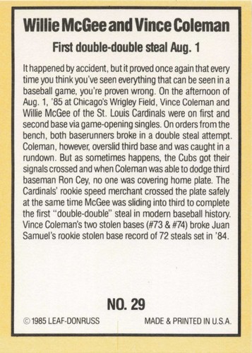1985 Donruss Highlights Willie McGee Vince Coleman St. Louis Cardinals #29 - Picture 2 of 2