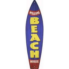 Welcome Beach House Metal Surfboard Sign 23"x6" Plaque Home Door Garage Wall