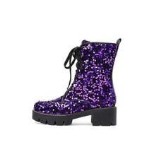 Sequins Ankle Boots Block Heel Platform Round Toe Casual Womens Lace-up Shoes