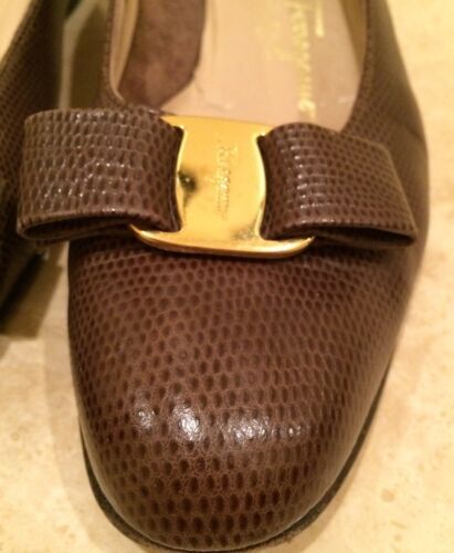 Salvatore Ferragamo Ribes 70 Brown Leather Open Toe Bow Pumps  