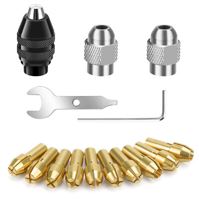 1pc Keyless Drill Chuck+10pcs Brass Collet+2pcs Metal Nut for Dremel Rotary Tool