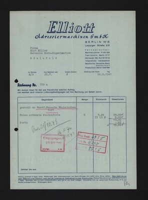 Berlin, invoice 1941, Elliott Addressier-Maschinen GmbH