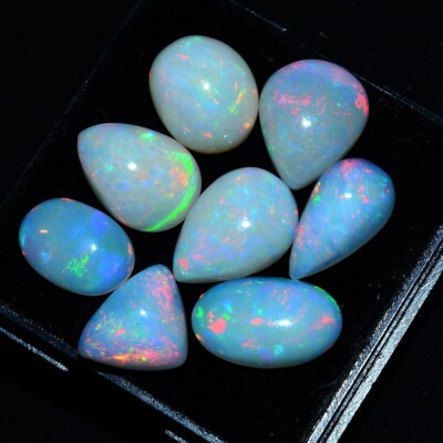 8 Pcs Natural Ethiopian Opal AAA+ Vibrant Play of Colors Cabochon Gemstones Lot