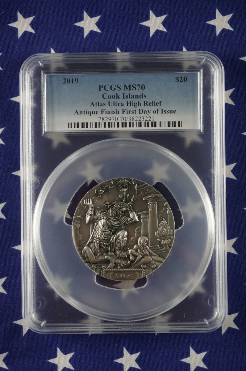 2019 $20 Cook Islands Atlas 3oz Antiqued .999 Silver Coin PCGS