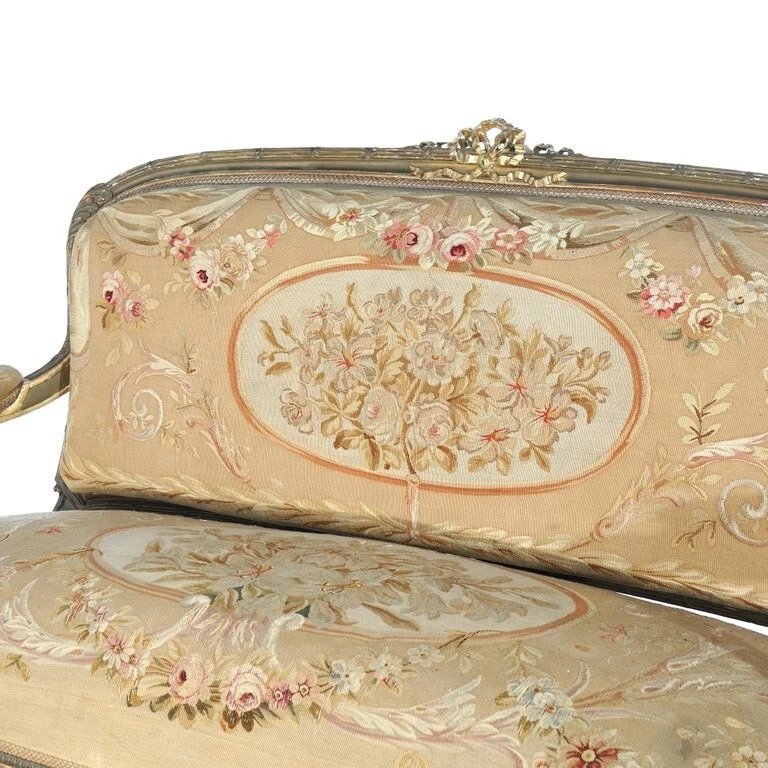 Sofá tapiz francés antiguo Luis XV de madera dorada y Aubusson C1860 Foto 2 de 4