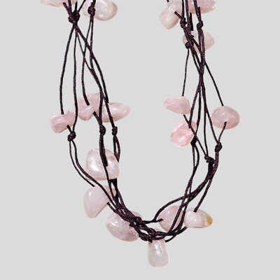 Rose Quartz Nugget Brown Silk Thread Necklace Cascade Beaded 22 Inches