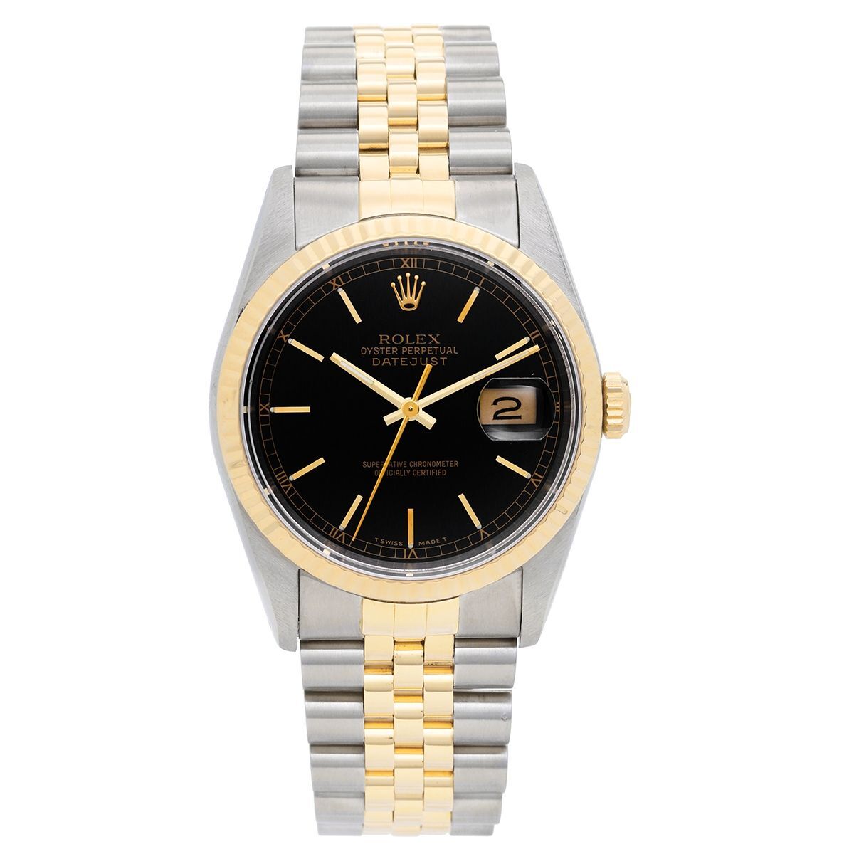 〇純正 ROLEX 16233駒 YG×SS DATEJUST ジュビリーブレス Rolex Datejust 36 18kt YG & SS Black Roman Dial Jubilee