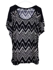 Naif Womens Size XL Blouse Black Tan Stretch Ruched Side Short Sleeve Pullover