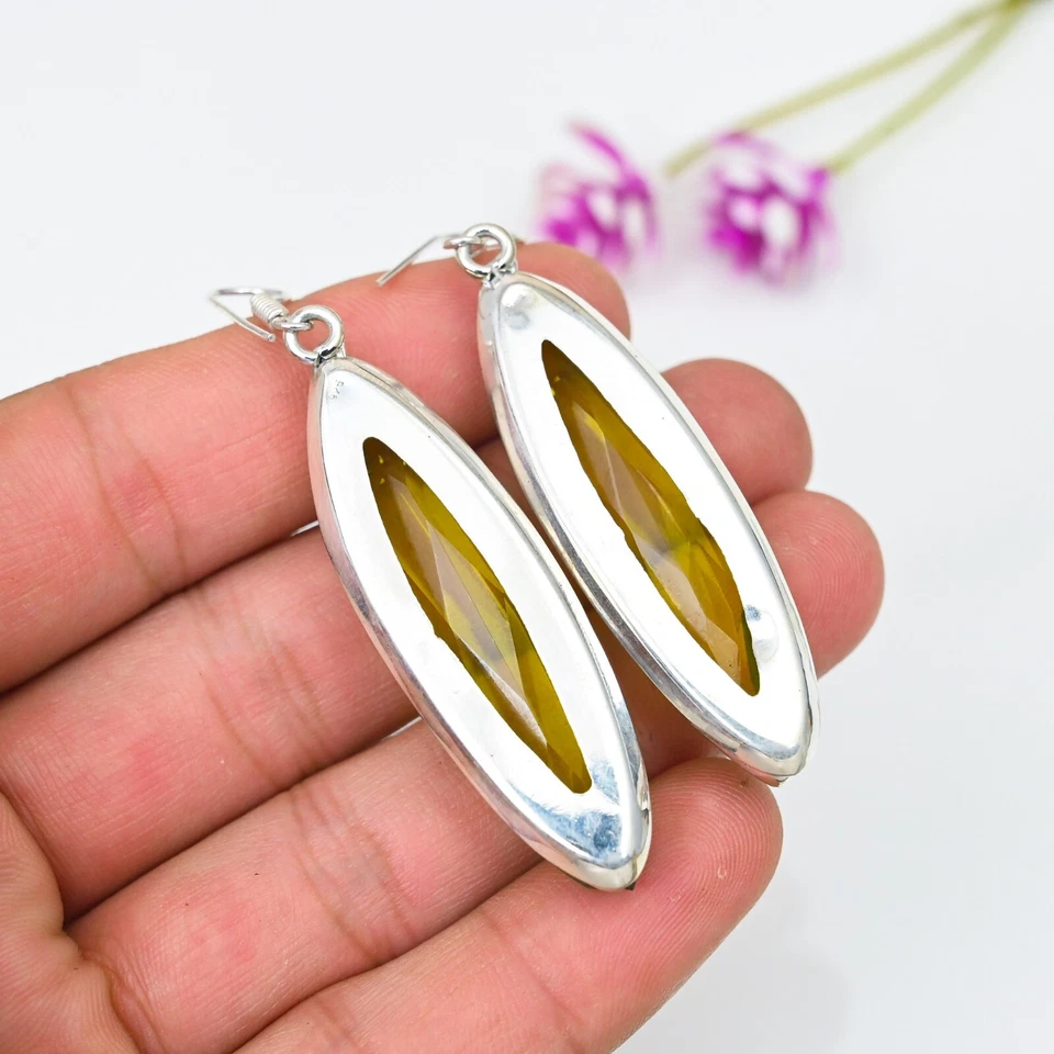 Lemon Quartz Gemstone 925 Silver Handmade Drop Earring Jewelry For Wadding Gift - Image 3 of 4