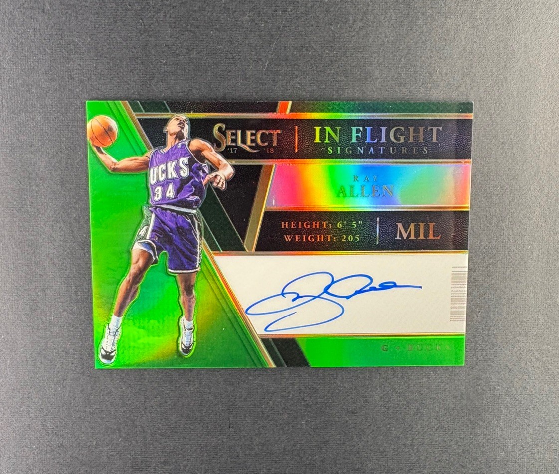 2017-18 Panini Select Ray Allen In Flight Signatures Neon Green Prizm Auto 35/35