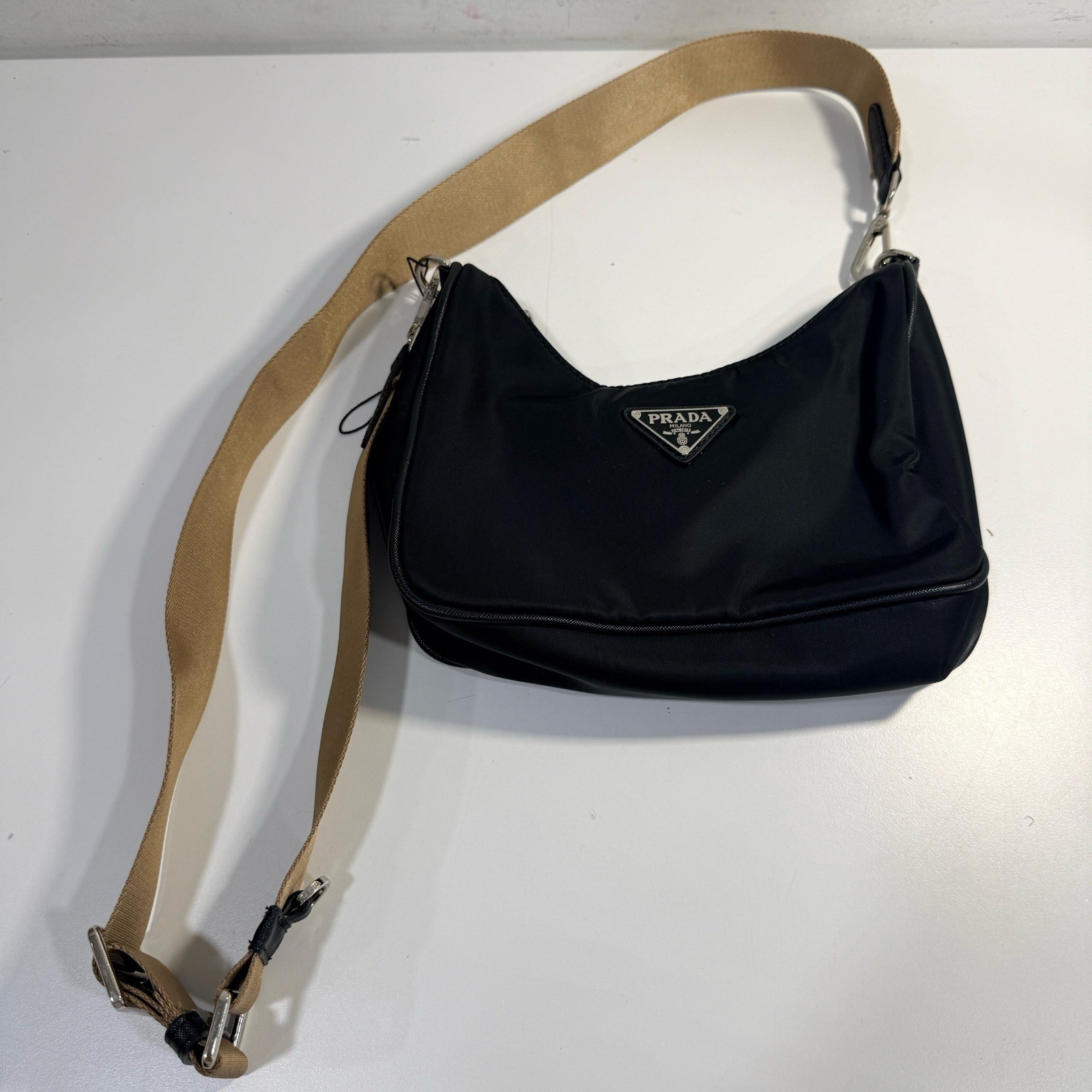 PRADA 2005 Re-Edition Nylon Shoulder Bag Hobo Retro Y2K Black Beige Strap