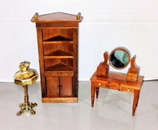 Vintage Shackman Doll House Furniture - CORNER CUPBOARD &  VANITY + Floor Lamp 
