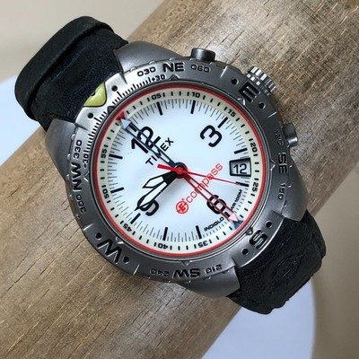 Timex Expedition E-Compass Men Indiglo Black Leather Quartz 41mm Watch 7 3/4''