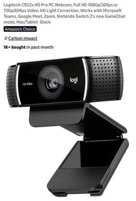 Logitech C922 Pro Stream 1080p HD Webcamera - Black