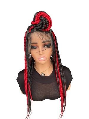 Red/Black Braided Lace Front Wig 21-30in Free-Part Synthetic for Women