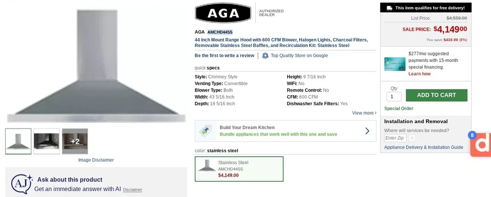 Coifa de parede aço inoxidável AGA 44" - RRP $4.559 - 600CFM - Garantia de 2 anos - Imagem 2 de 4