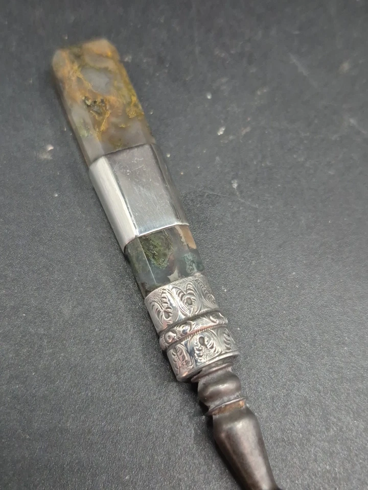 Rare Antique Scottish Sterling Silver Moss Agate Handled Button Hook - Image 2 of 4
