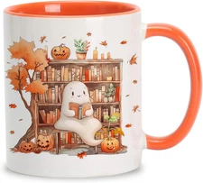 Hyturtle Fall Halloween Coffee Mug - Cute Ghost Reading Book Mug - Maple Leaves 