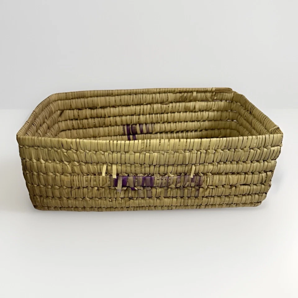 Large Vintage Handmade Straw Woven Rectangular Basket With Purple RARE - Image 3 of 4