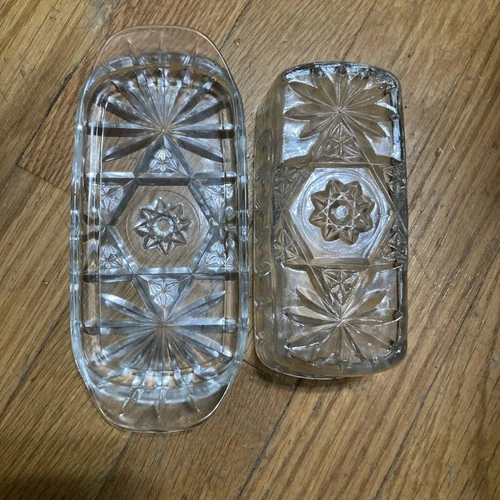 Anchor Hocking Star of David Cut Glass Butter Dish with Lid Vintage
