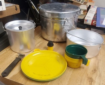 Lot of 17 Aluminum Camping Mud Kitchen Cook Pots Piece Pot Handle Plates Cups