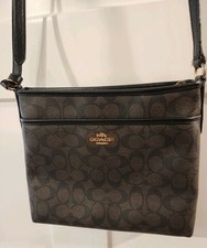 Auth COACH Signature Zip File Crossbody F29210 Dark Brown Black PVC Leather