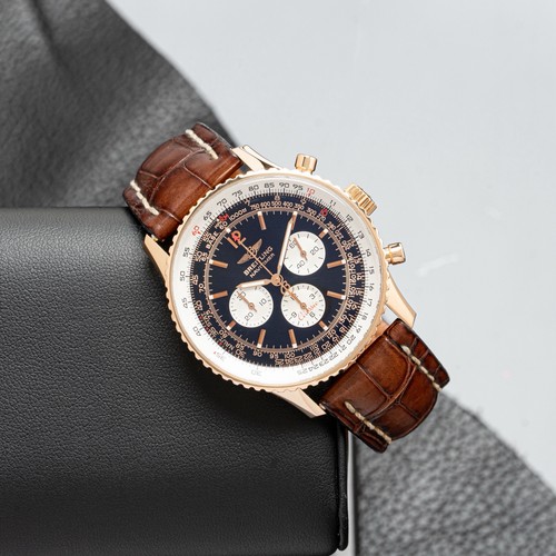 Breitling Navitimer 18k Rose Gold Black Leather Auto Black Men's Watch H30330