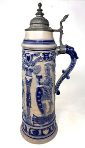 Antique German Salt Glazed Beer Stein – 20" Monumental Cobalt & Gray