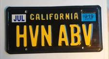 Genuine CALIFORNIA Vanity Personalized License Plate, HVN ABV, Heaven Above!