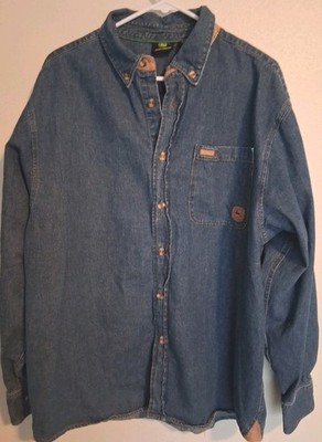 Vintage John Deere Denim Long Sleeve Button Up Washed With Leather Collar XL