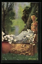 Cartolina artistica firmata Enrique Serra: scultura di donna nuda sotto un busto di pan 