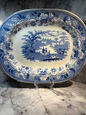 Antique Blue &White Ironstone Eton College pattern Platter with Wild Rose border