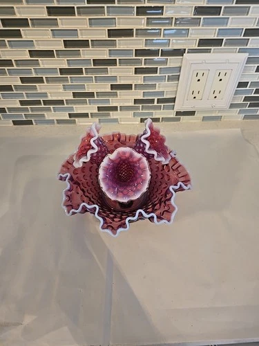 Vintage Fenton Plum Opalescent Hobnail 8" Three Horn Epergne RARE