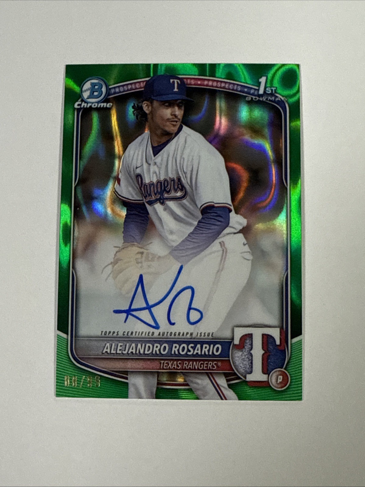 ALEJANDRO ROSARIO 2025 BOWMAN CHROME 1ST GREEN LAVA RANGERS AUTO /99 Texas
