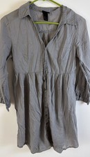 H&M Shirt Dress Women 6 Gray Striped Short V-Neck Button 3/4 Sleeve Cotton