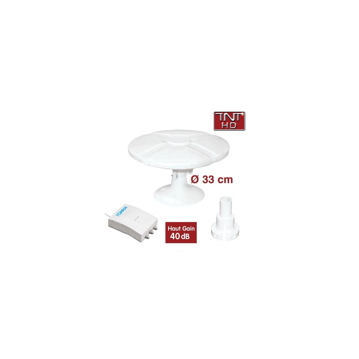 Antenne TNT HD TONNA omnidirectionnelle camping car gain 40dB ampli double sortie TV