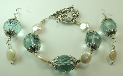 Statement Aqua Crystal & Coin Pearl Bracelet & Earring Set Wedding Handcrafted