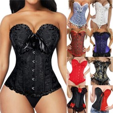 Womens Lace Up Black Corset Bustier Floral Waist Trainer Overbust Sexy Lingerie