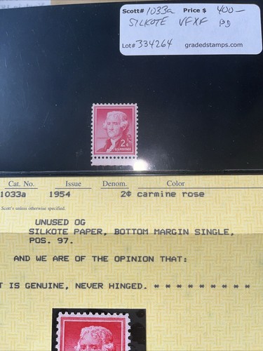 1954 US 1033a OG NH 2c JEFFERSON SILKOTE CARMINE ROSE MARGIN 2 CENT STAMP + CERT - Picture 9 of 10